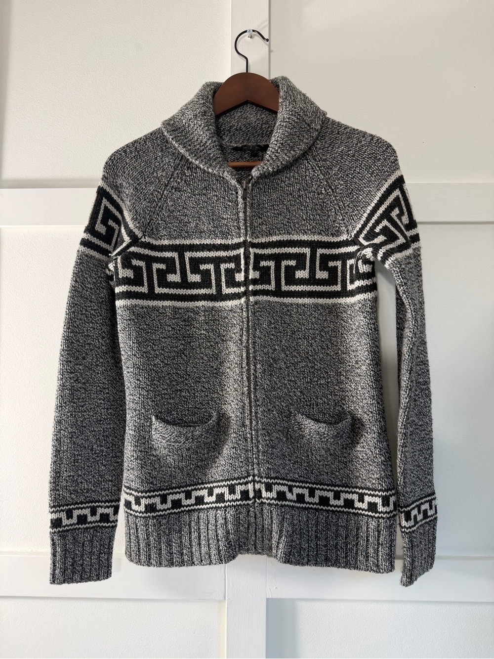 Wind River Gray Zip-Up Shawl Collar Sweater with Geometric Trim - Size S